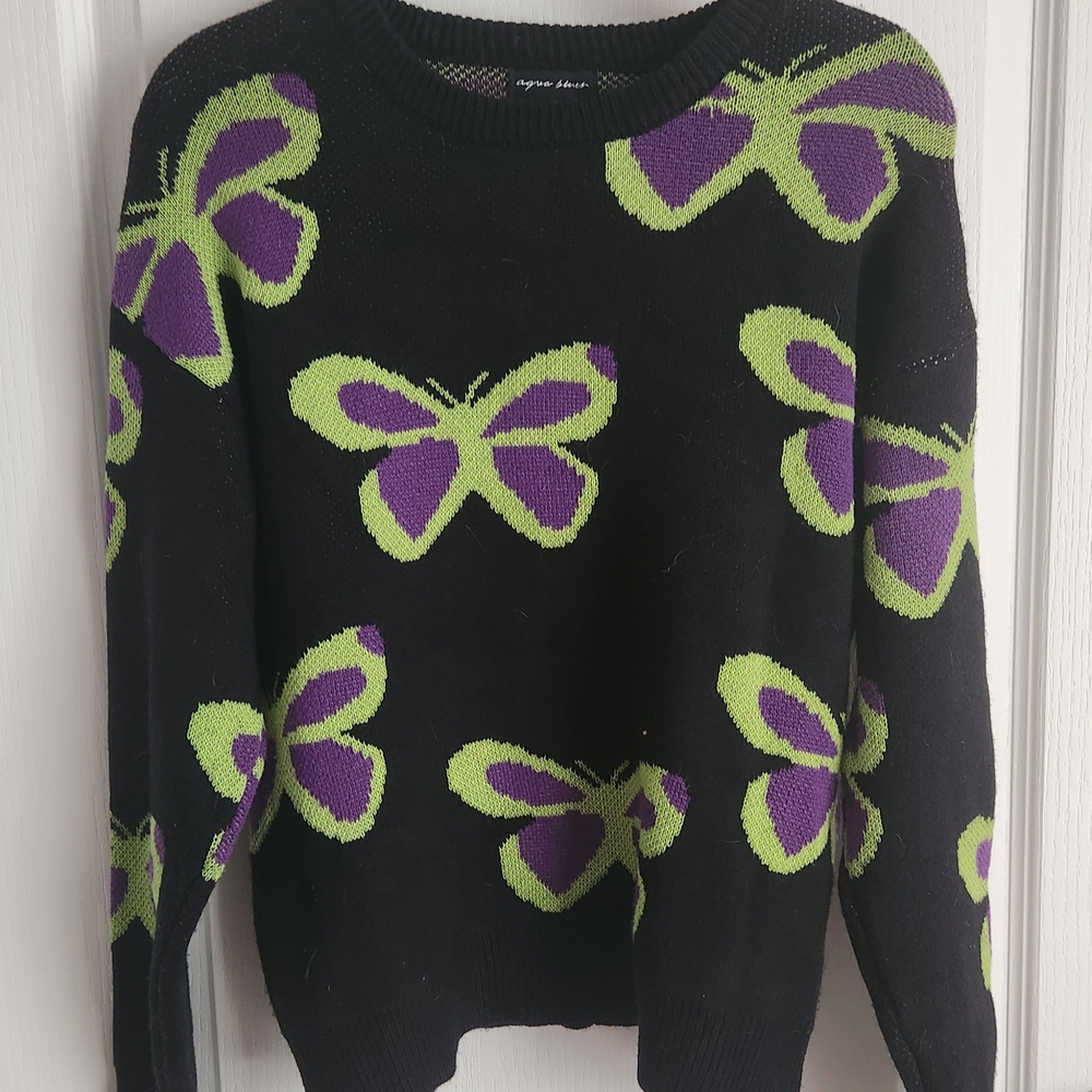 Black Sweater with Green and Purple Butterfly Design
